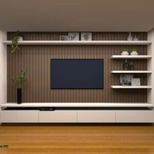 Minimalist TV stand with clean lines and adjustable shelving