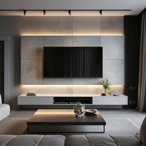 Contemporary entertainment center with space for TV and media accessories."