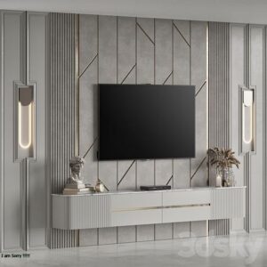 Floating TV console with integrated cable management and wall-mounted design."