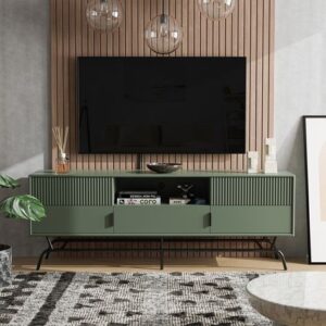 Modern TV unit with sleek design and built-in storage shelves.